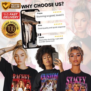Pode incluir: Tr&ecirc;s mulheres vestindo camisetas pretas com designs personalizados. As camisetas apresentam um gr&aacute;fico colorido de um grupo de pessoas com os nomes "Rachel", "Custom" e "Stacey" impressos na frente. A imagem tamb&eacute;m inclui texto que diz "Por que nos escolher?" e avalia&ccedil;&otilde;es de clientes com classifica&ccedil;&otilde;es de cinco estrelas.