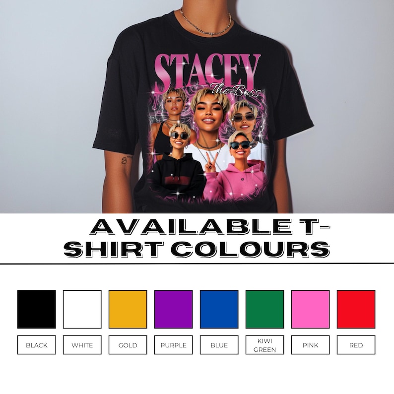 Pode incluir: Uma camiseta preta com uma estampa gr&aacute;fica de um grupo de mulheres usando &oacute;culos de sol e o texto "STACEY The Bass". A camiseta est&aacute; dispon&iacute;vel em uma variedade de cores, incluindo preto, branco, dourado, roxo, azul, verde kiwi, rosa e vermelho.