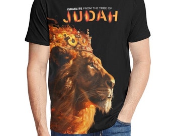 May include: Black t-shirt with a lion's head graphic. The lion is surrounded by flames and wearing a crown. The text "ISRAELITE FROM THE TRIBE OF JUDAH" is printed on the shirt.