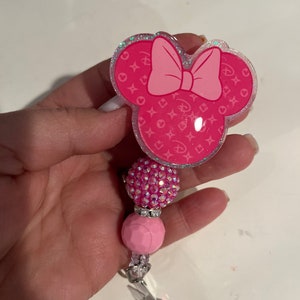 Pink Designer Mouse with Bow Badge Reel/Pin