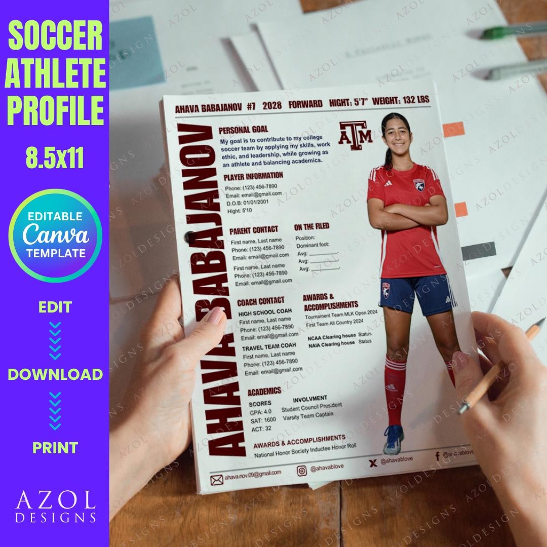 Soccer Athlete Profile Sheet Photo College Recruiting Editable Canva ...