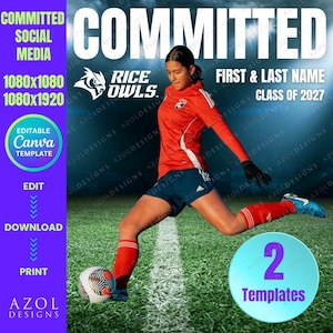 Può includere: Una calciatrice in uniforme rossa e blu calcia un pallone su un campo verde. L'immagine include il testo "COMMITTED" e "RICE OWLS". L'immagine è un modello Canva per i social media.