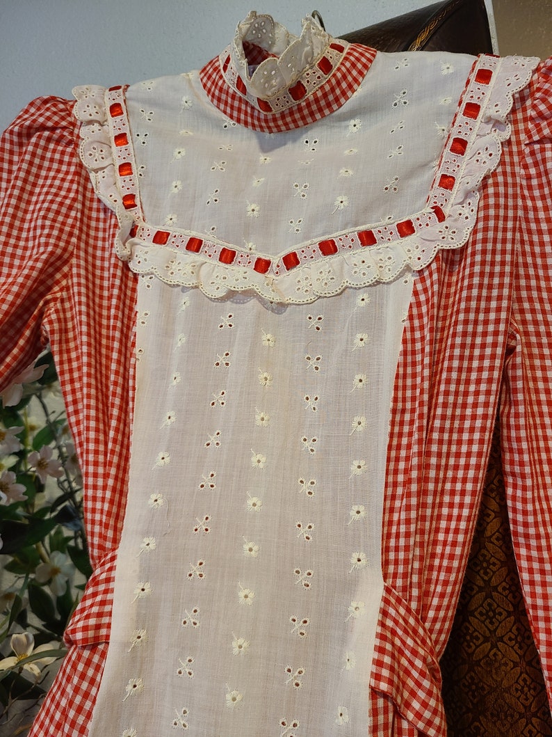 Large 1970s Long Sleeve Maxi Dress Red Gingham Sequin Picnic Country Glamour Tablecloth