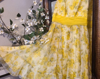 Vintage 60s Sylvia Ann Yellow Rose Chiffon Midi Dress