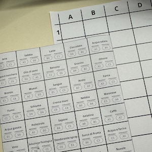Può includere: Due fogli di carta bianchi con una griglia di caselle, ciascuna etichettata con parole italiane. Il foglio superiore ha una griglia etichettata A-D e 1, mentre il foglio inferiore è parzialmente visibile.