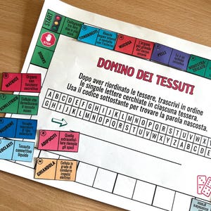 Può includere: Un gioco educativo colorato per imparare i diversi tipi di tessuti del corpo umano. Il gioco include un tabellone con le lettere, tessere con i nomi e le descrizioni dei tessuti, e un pezzo di gioco tipo domino.