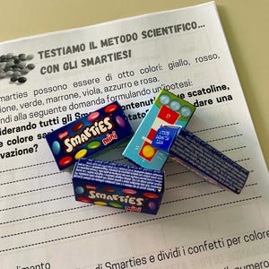 Op de afbeelding: Vier kleine doosjes Smarties-snoepjes, elk met een blauwe achtergrond en witte letters. De doosjes zijn gelabeld "Smarties Mini" en bevatten kleurrijke snoepjes.