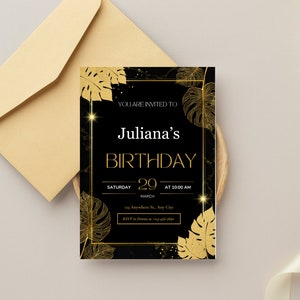 Invito per festa di compleanno in oro, Inviti per festa di compleanno in oro nero per donna, , Inviti per festa di compleanno in oro nero per donna,WSQ1
