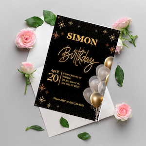 Black and Gold Birthday Invitation, Black and Gold Party, Gold Glitter Evite, Digital Invitation, Editable Template