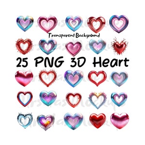 Op de afbeelding: 25 PNG 3D Hart afbeeldingen met transparante achtergronden. De harten zijn in verschillende kleuren, waaronder rood, roze, blauw en paars. Sommige harten hebben een metallic afwerking, terwijl andere een glanzende afwerking hebben.