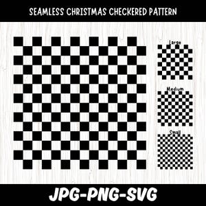 May include: A seamless black and white checkered pattern with the text "SEAMLESS CHRISTMAS CHECKERED PATTERN" at the top. The image also includes the text "JPG-PNG-SVG" at the bottom, and three smaller checkered patterns labeled "Large", "Medium", and "Small".