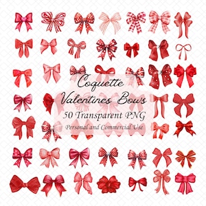 Puede incluir: Cincuenta lazos rojos y blancos para el Día de San Valentín en varios patrones y estilos. Los lazos están dispuestos en una cuadrícula sobre un fondo blanco. El texto "Coquette Valentines Bows 50 Transparent PNG Personal and Commercial Use" está en la parte inferior de la imagen.