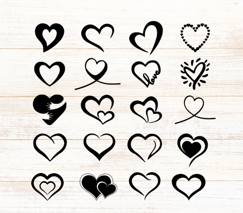 May include: A collection of 18 black and white heart designs. The hearts are in various styles, including simple outlines, filled-in shapes, and hearts with additional details like swirls and dots.