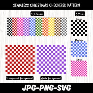 May include: A digital graphic showcasing a seamless Christmas checkered pattern. The design offers 10 color options and 3 sizes: large, medium, and small. The image includes options for transparent and white backgrounds, available in JPG, PNG, and SVG formats.