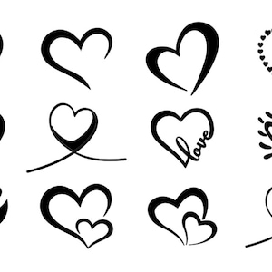 May include: A set of 12 black and white heart illustrations. The hearts are in various styles, including simple, ornate, and with the word "love" written inside.