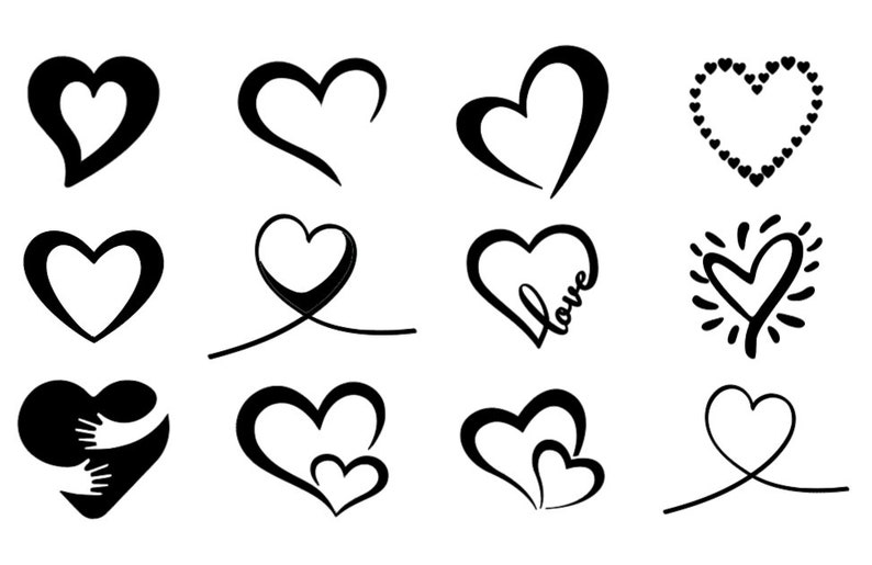 May include: A set of 12 black and white heart illustrations. The hearts are in various styles, including simple, ornate, and with the word "love" written inside.