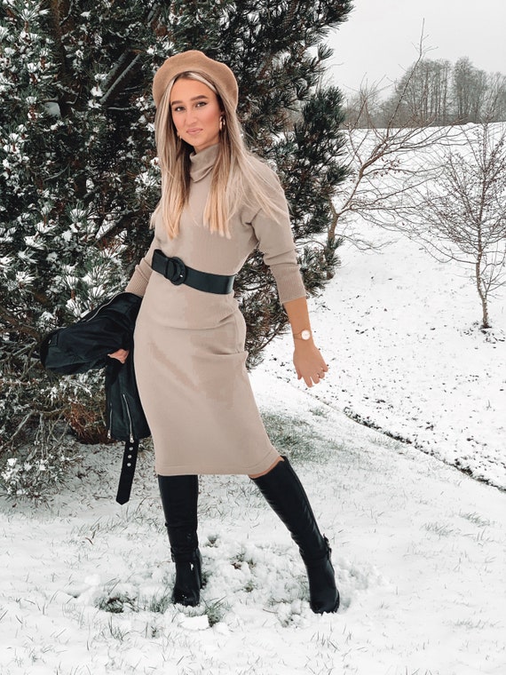 Slim Fit Kimono Dress women s Warm Sweater Dress casual Dress for Everyday and Office wool Dress High Collar midi Dress autumn Winter Season Etsy Canada