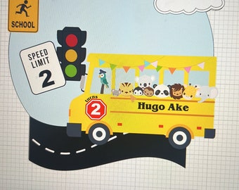 May include: A yellow school bus with the name "Hugo Ake" on the side. The bus is filled with stuffed animals, including a panda, a tiger, a lion, and a giraffe. There are also traffic signs, including a stop sign, a slow down for school sign, and a speed limit sign.