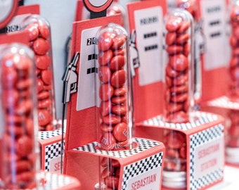 Race Cars Custom Tube Candy, Gas Station Tube Favor Box, Party Favors, Race Cars Birthday, Race Cars Party, F1 Racing, Fuel Racing Car