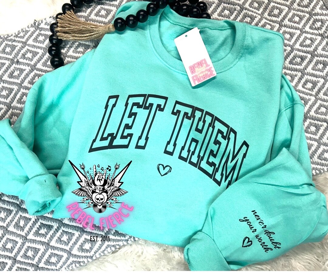 Let Them Trending Crewneck Sweater Sleeve Detail Teal Etsy