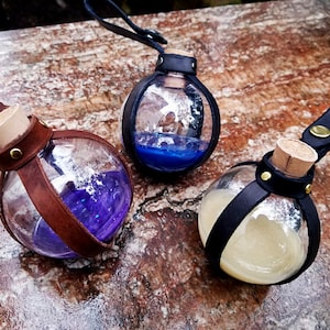 Custom Round Plastic Potion Bottle with Leather Holder, for LARP, Cosplay, Alchemy, Renaissance, D&D, and Roleplay
