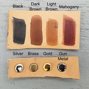 May include: Leather swatches in black, dark brown, light brown, and mahogany. Metal studs in silver, brass, gold, and gun metal.