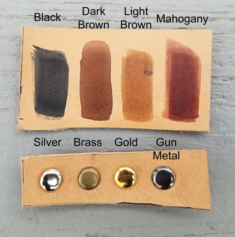 May include: Leather swatches in black, dark brown, light brown, and mahogany. Metal studs in silver, brass, gold, and gun metal.