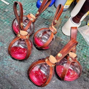 Custom Round Plastic Potion Bottle with Leather Holder, for LARP, Cosplay, Alchemy, Renaissance, D&D, and Roleplay