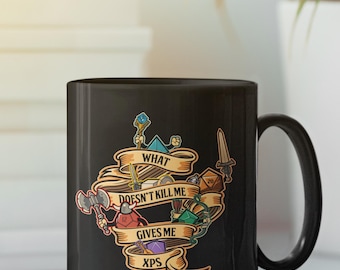 D&D Tasse, Was mich nicht umbringt, bringt mir EPs. Lustiger Dnd Becher, Rollenspiel, Tabletop, Dungeons, Drachen, Würfelspiel, Gaming Geschenk, 11/15 Unzen Kaffeebecher.