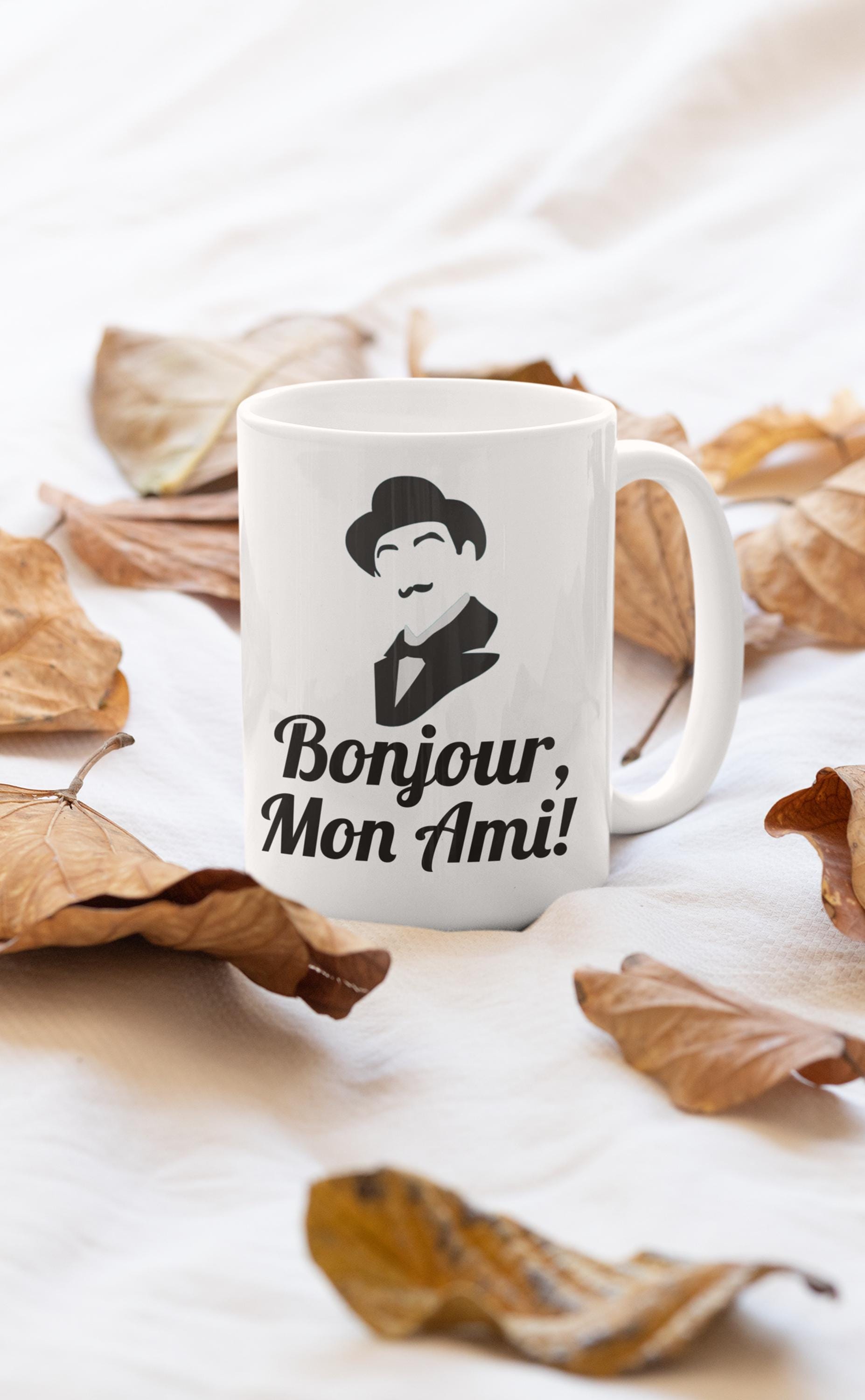Herkules Becher, Bonjour mon ami! Gemütlicher Mysteries Lover, Detektiv Becher, Grauzelle 11/15 Unzen Kaffeebecher.