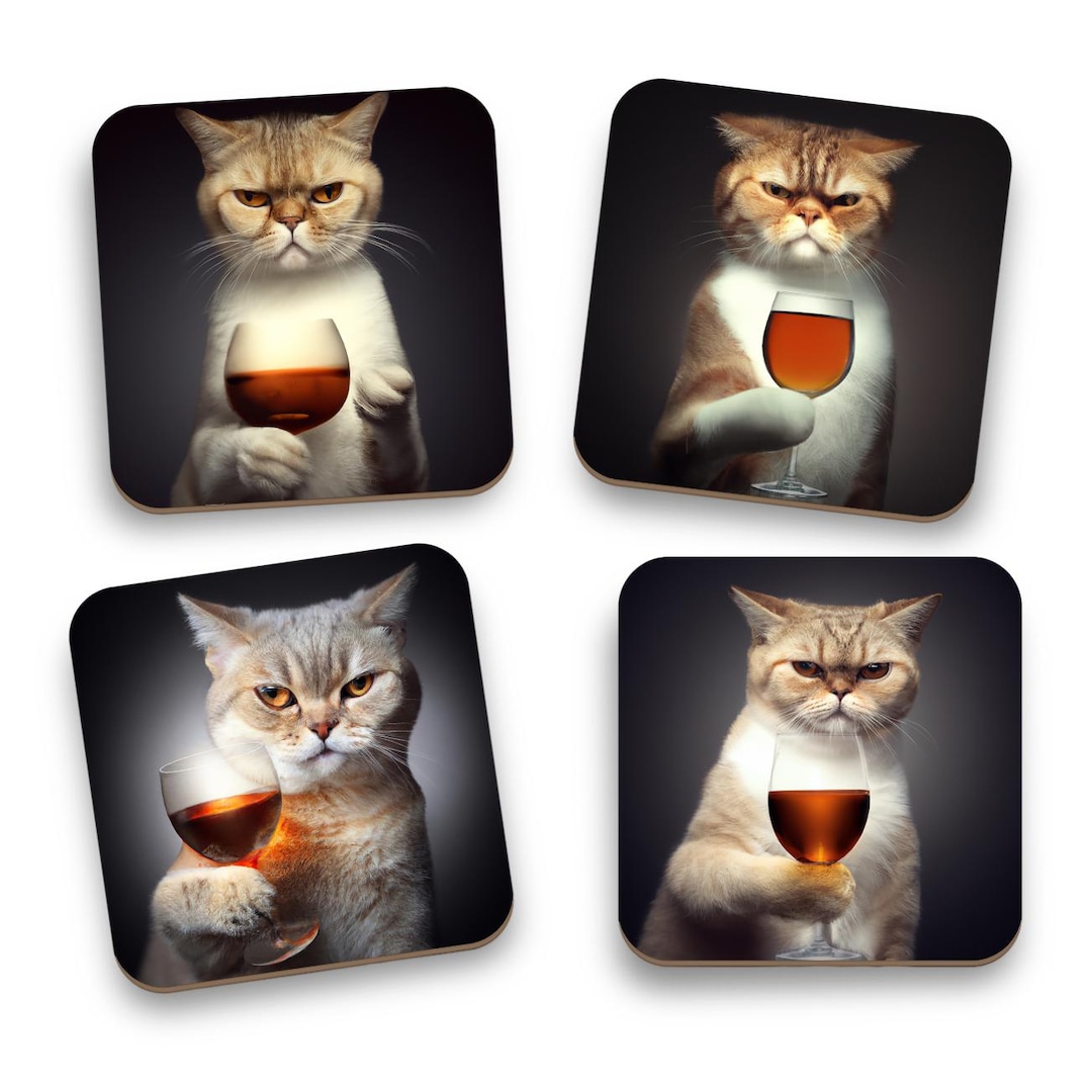 Funny Sassy Cat Holding a Wine Glass, Coasters. Cats Holding a Glass of ...