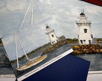 New England greeting cards, lighthouses, watercolor, print-set of 6: Maine, Massachusetts, Rhode Island, Connecticut, Vermont, New Hampshire