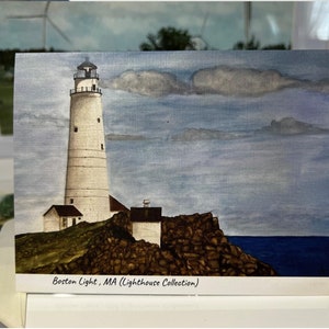 May include: A watercolor painting of a white lighthouse on a rocky cliff overlooking the ocean. The sky is cloudy and blue. The text "Boston Light, MA (Lighthouse Collection)" is written at the bottom of the image.