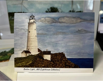 Boston Light-MA, New England, greeting cards, lighthouses, watercolor, art print, Massachusetts, note cards