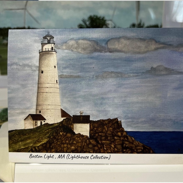 Boston Light-MA, New England, greeting cards, lighthouses, watercolor, art print, Massachusetts, note cards