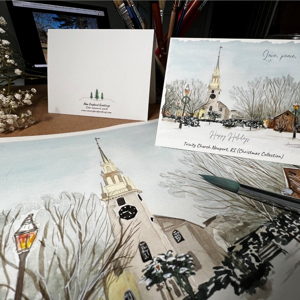 Christmas cards (6)  Holiday cards, New England greeting cards, Watercolor Christmas cards, New Hampshire, Rhode Island