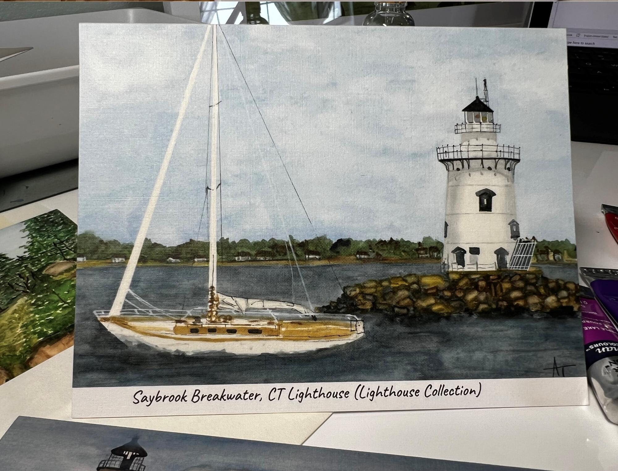 Saybrook Breakwater, Connecticut, New England, Lighthouse, watercolor, art print, greeting cards, note cards