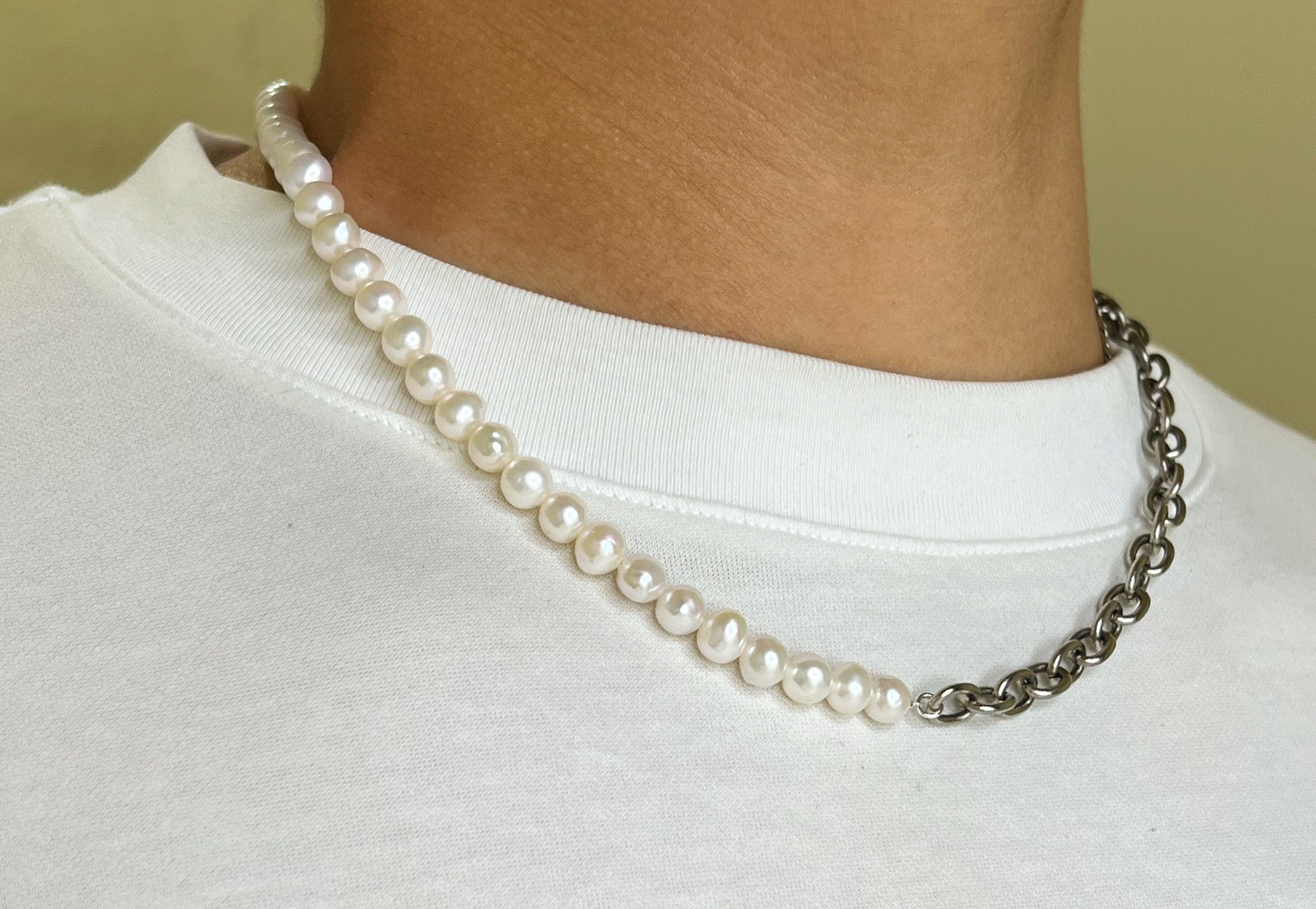 ■VINTAGE HOLLYWOOD■ Chain Half Pearl Necklace VH25NNNE171V HalfPearlHalfChain-