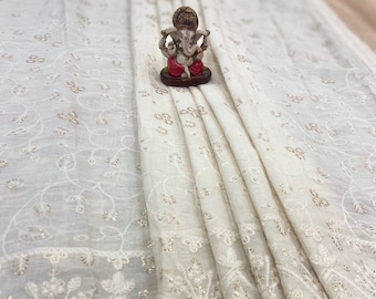 Dyeable Off-White Dupatta with Soft Mulmul Fabric & Lakhnavi Embroidery