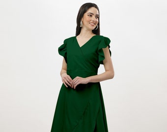 Women Rayon Dress| Elegant Dress For Women| Women Wedding Party Dress| Fall Dress For Women Green| Ruffle Sleeve Dress