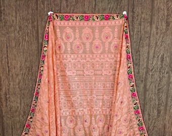 Crystal Beaded Indian Dupatta: Festival Bridal Shawl, Lakhnavi Embroidery