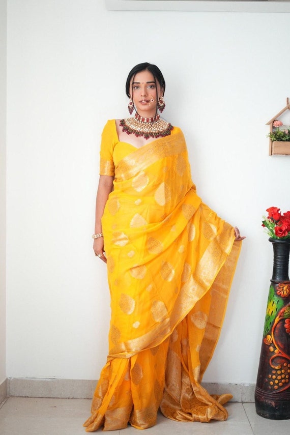 Mustard Yellow Soft Ready to Wear Banarasi Saree Ready to Wear