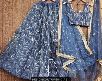 Blue Net Lehenga Choli: Indian Wedding Outfit, Mirror Embroidery