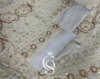 Ivory Embroidered Georgette Fabric with Gold Sequins, 58" Wide