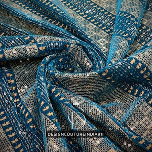 Teal Blue Indian Embroidered Velvet Fabric by the yard Sewing DIY Crafting Wedding Dress Costumes Bags Cushion Covers Table Runner Quilting