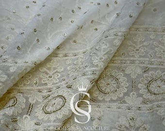 Ivory Embroidered Georgette Fabric with Gold Sequins, 58" Wide