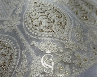 Ivory Embroidered Georgette Fabric with Gold Sequins, 58" Wide
