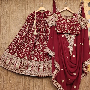 Maroon Georgette Lehenga Choli: Zari Embroidery Indian Wedding Outfit