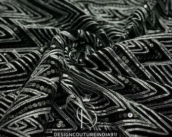 Black Embroidered Velvet Fabric: Indian Style, 44" Wide