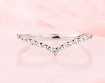 Womens V shaped 925 sterling silver curved engagement ring, Dainty minimalist chevron cz wedding band, Small tiny half eternity wedding band